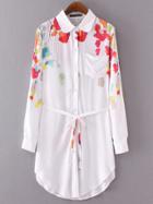 Romwe White Lapel Floral Pocket Shirt Dress With Belt