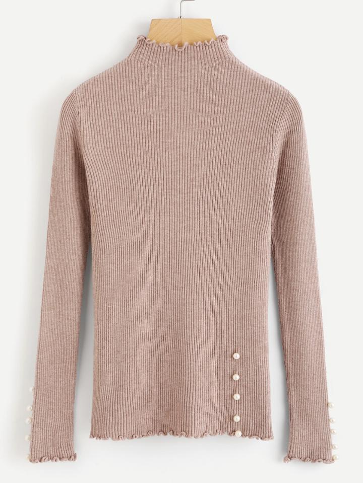 Romwe Frill Trim Pearl Beaded Ribbed Knit Sweater