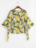 Romwe Banana Print Bell Sleeve Keyhole Back Top