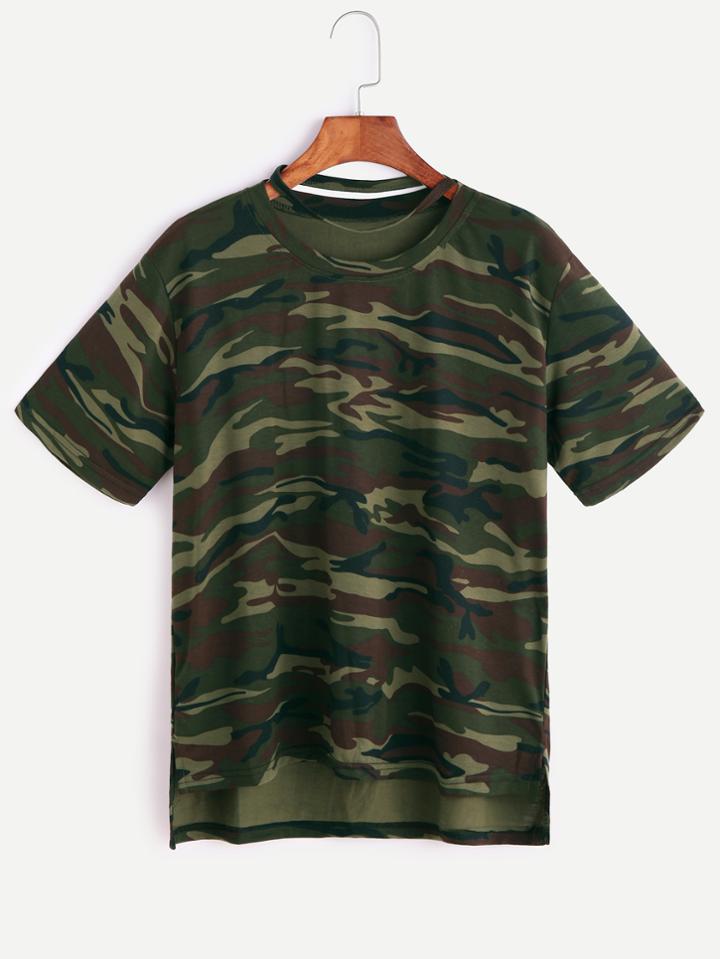 Romwe Camo Print Choker Neck Slit Side High Low T-shirt