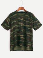 Romwe Camo Print Choker Neck Slit Side High Low T-shirt