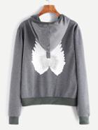 Romwe Grey Print Back Contrast Trim Zip Up Hooded Sweatshirt