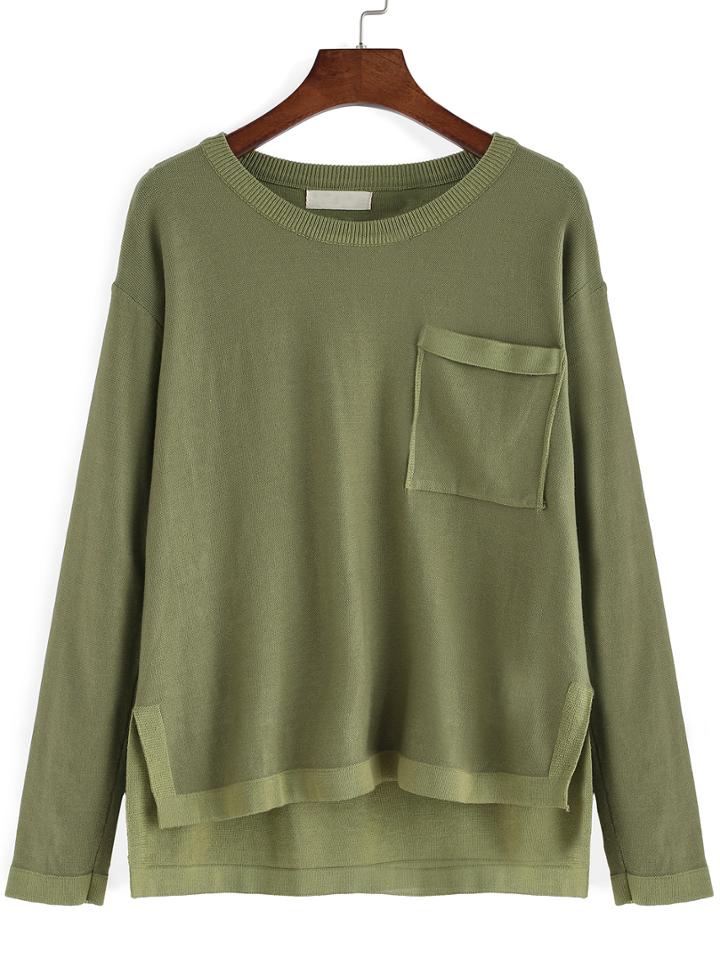 Romwe Dip Hem Split Pocket Sweater