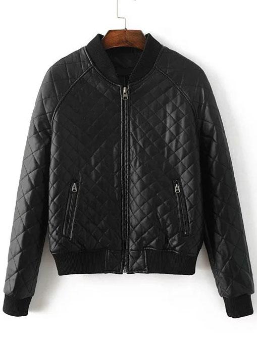 Romwe Black Quilted Zipper Pocket Pu Jacket