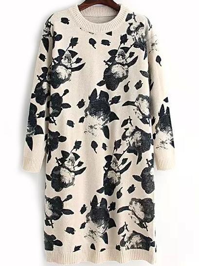 Romwe Ink Print Beige Sweater Dress