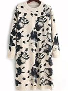 Romwe Ink Print Beige Sweater Dress