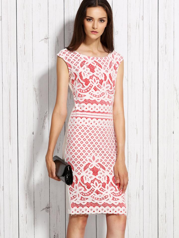 Romwe Color Block Lace Overlay Slit Back Pencil Dress
