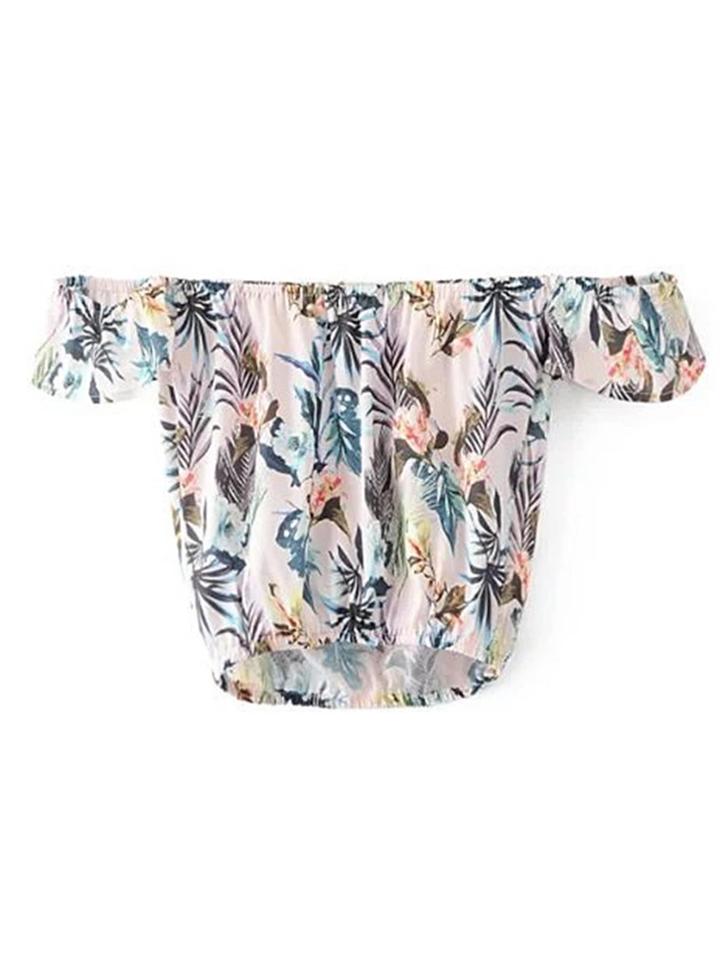 Romwe Shirred Off The Shoulder Leaves Print Top