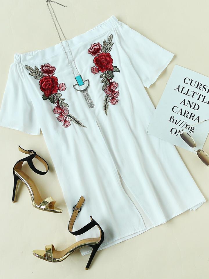 Romwe Off Shoulder Rose Applique Slit Front Blouse