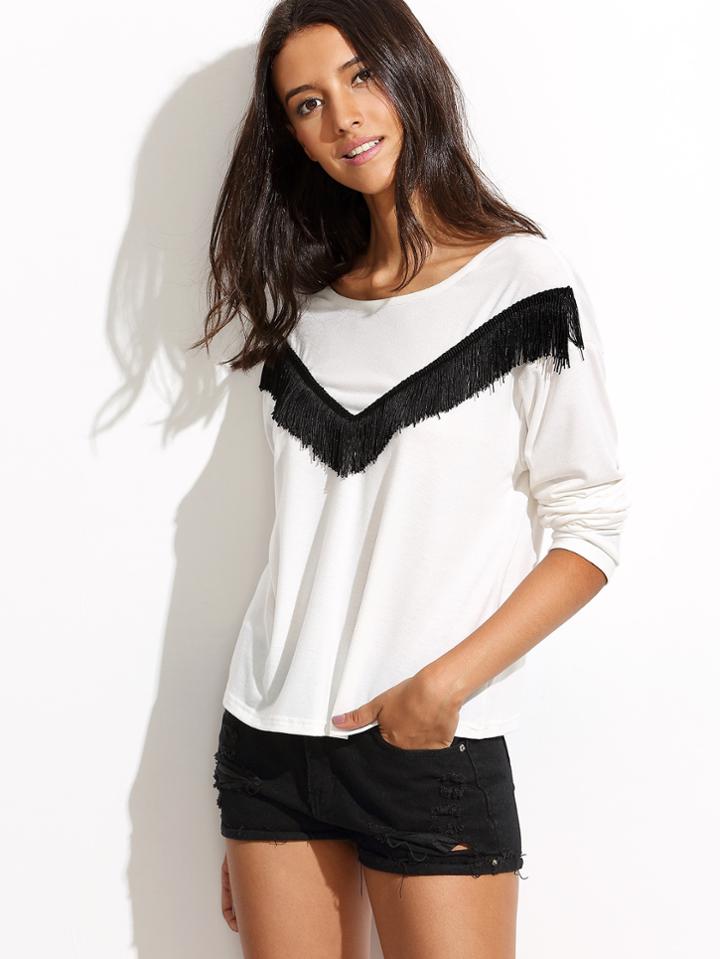 Romwe White Fringe Trim Long Sleeve T-shirt
