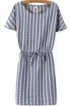 Romwe Short Sleeve Drawstring Vertical Striped Blue Dress