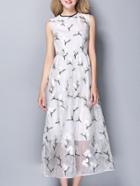 Romwe White Round Neck Sleeveless Embroidered Maxi Dress