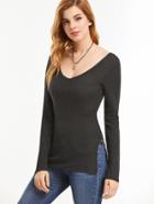 Romwe Black Deep V Neck Slit Side Ribbed Slim T-shirt