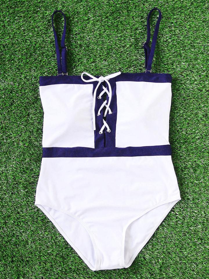 Romwe Contrast Trim Lace Up Front One Piece Swimsuit