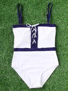 Romwe Contrast Trim Lace Up Front One Piece Swimsuit
