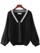 Romwe Black V Neck Zipper Front Sweater