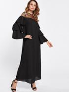Romwe Embroidered Mesh Shoulder Layered Bell Sleeve Dress