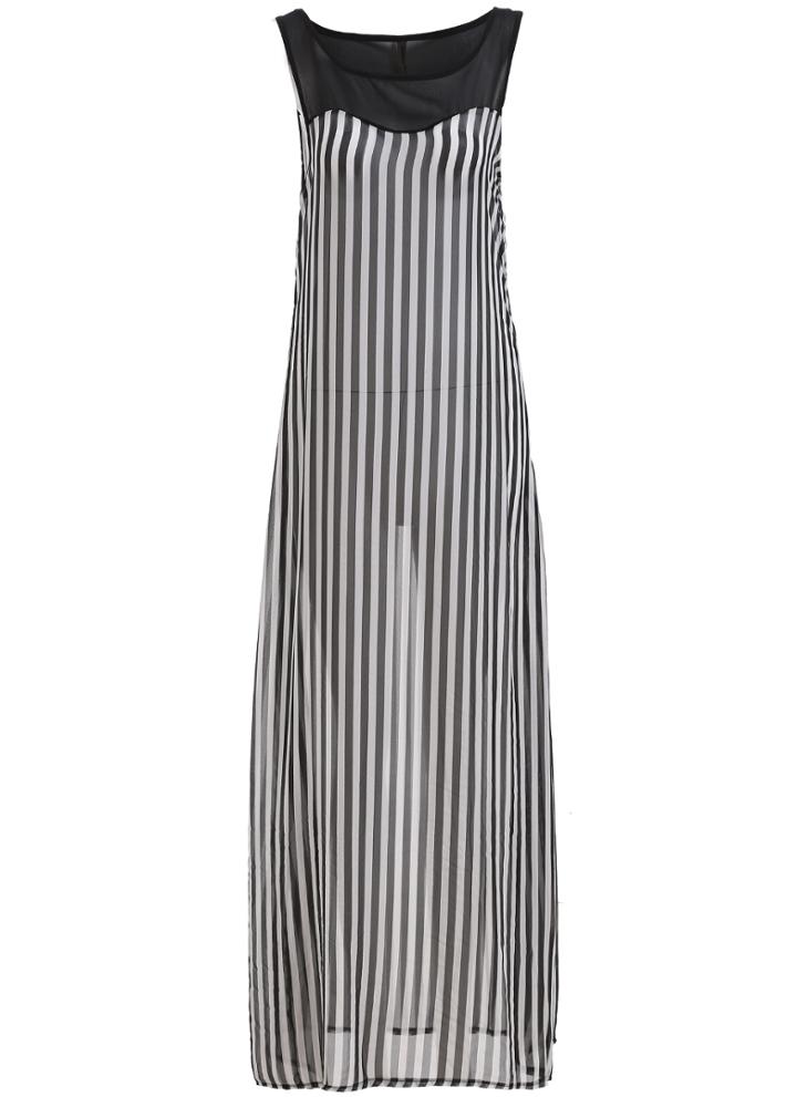 Romwe Vertical Striped Chiffon Maxi Dress