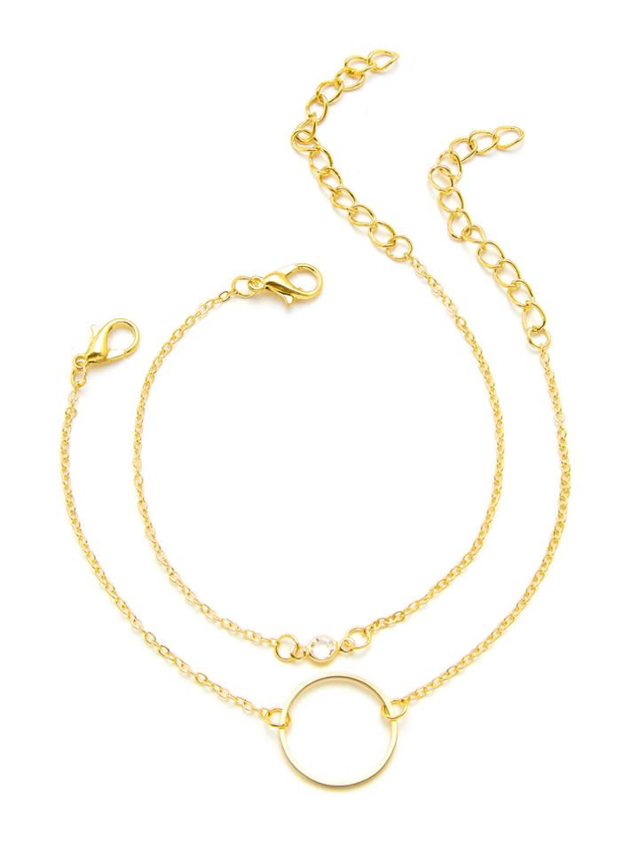 Romwe Rhinestone & Ring Detail Chain Bracelet 2pcs