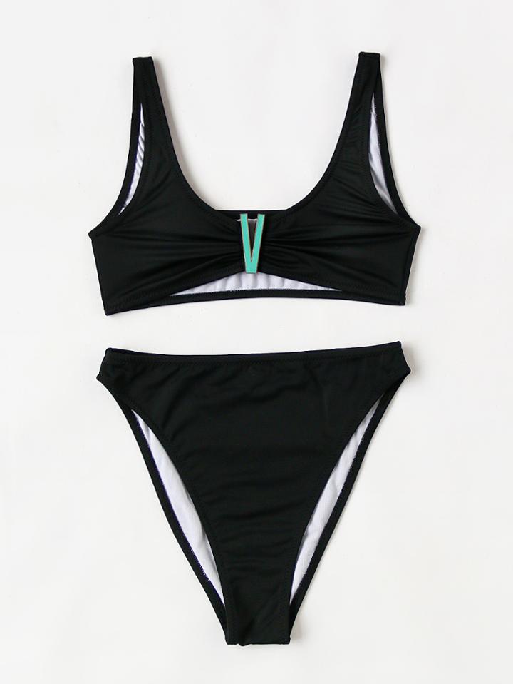 Romwe Contrast V Detail High Leg Bikini Set