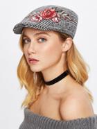 Romwe Embroidered Rose Plaid Newsboy Hat