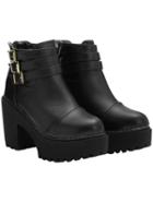 Romwe Black Buckles Chunky Block Heel Ankle Boots