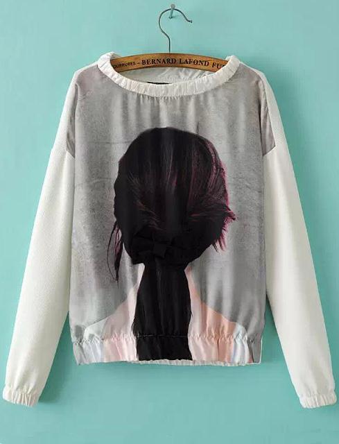 Romwe White Grey Long Sleeve Beauty Print Crop Blouse