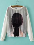 Romwe White Grey Long Sleeve Beauty Print Crop Blouse