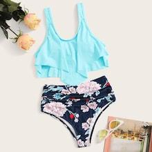 Romwe Scoop Neck Top With Random Floral Ruched Bikini