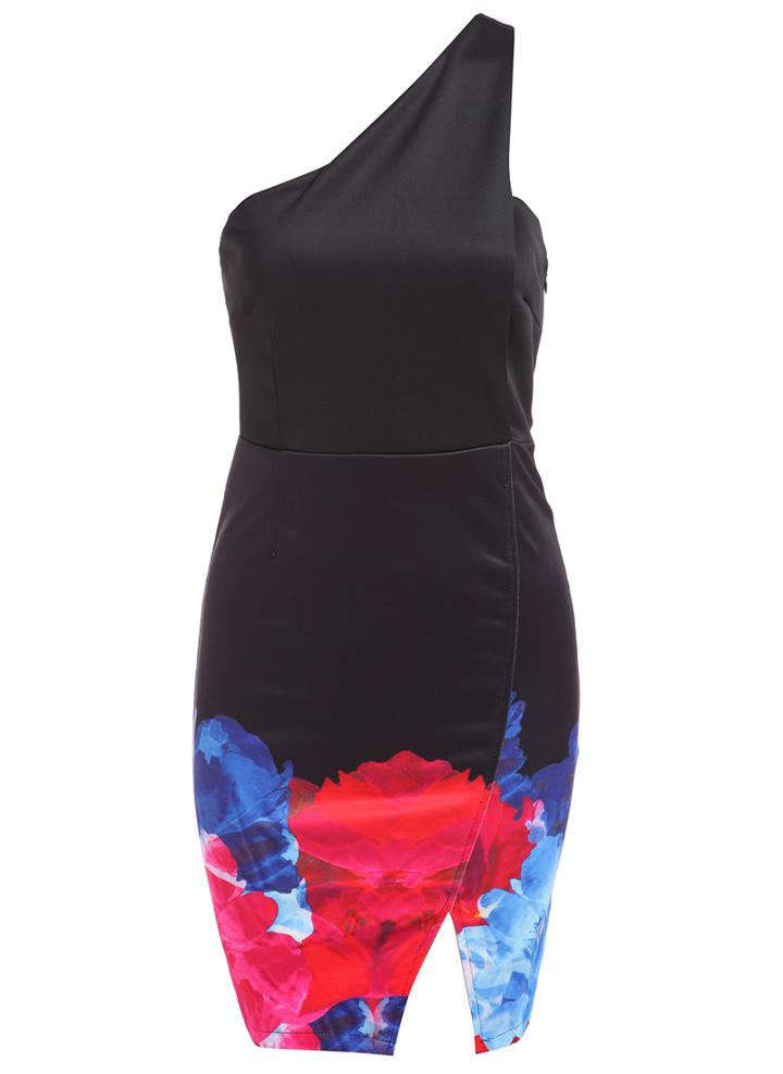 Romwe One-shoulder With Split Florals Black Dress