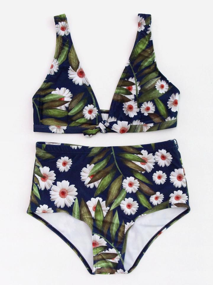 Romwe Calico Print High Waist Plunge Bikini Set