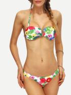 Romwe Flower Print V-notch Bikini Set