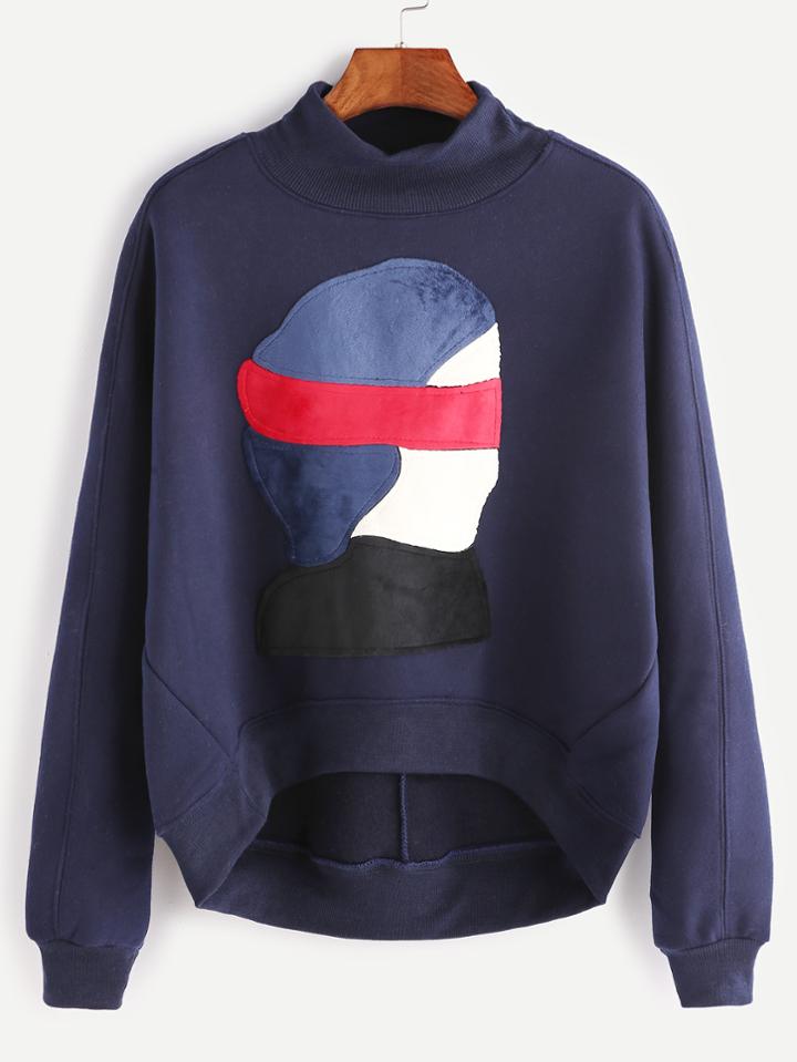 Romwe Navy High Neck Dip Hem Cartoon Patch Sweatshirt