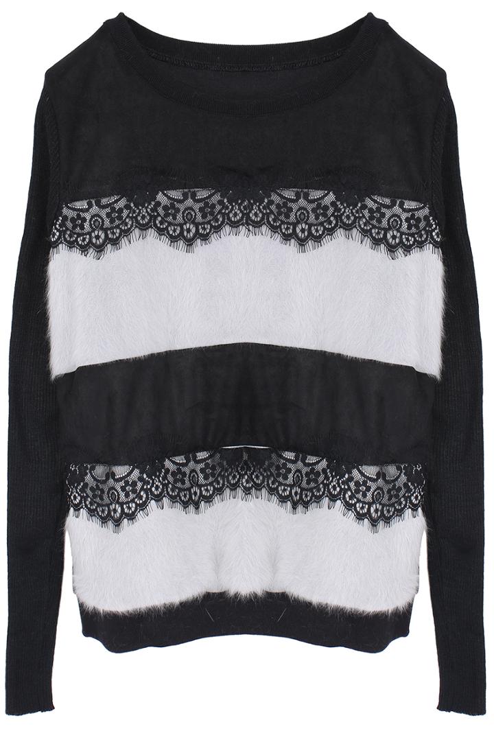 Romwe Lace Insert Black And White Striped Top