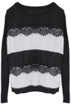Romwe Lace Insert Black And White Striped Top