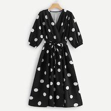 Romwe Tie Waist Spot Wrap Dress