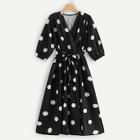 Romwe Tie Waist Spot Wrap Dress