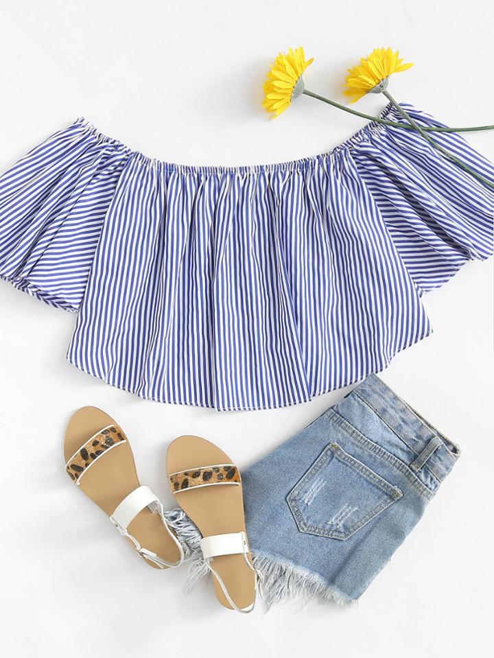 Romwe Off Shoulder Striped Top