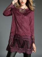 Romwe Round Neck Contrast Lace Red Blouse