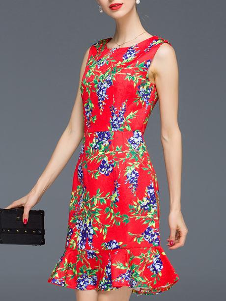 Romwe Red Round Neck Sleeveless Jacquard Fishtail Dress