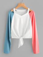 Romwe Cut Out Neck Contrast Sleeve Knot Front Tee