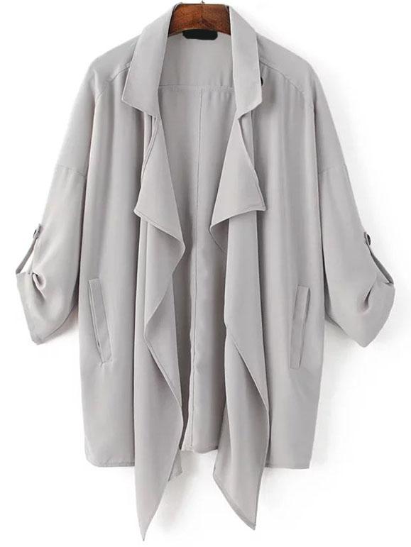 Romwe Grey Draped Neck Drop Shoulder Coat With Pockets