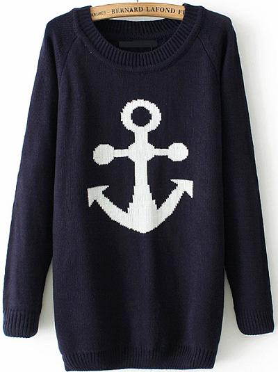 Romwe Anchors Print Loose Knit Sweater