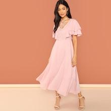 Romwe Tie Neck Flutter Sleeve Flowy Solid Dress