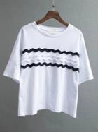 Romwe White Appliqued Front Drop Shoulder T-shirt