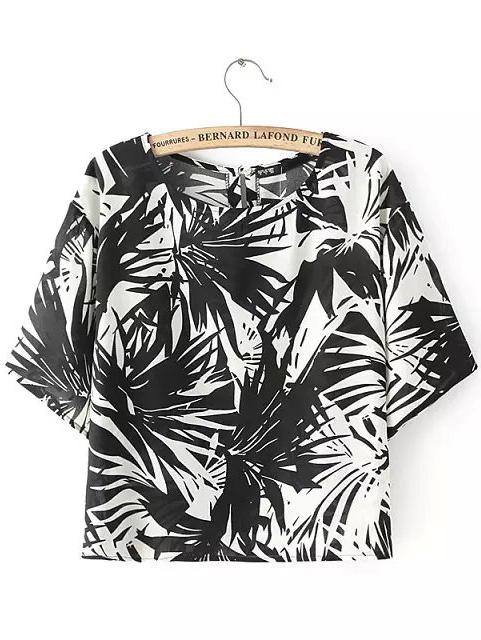 Romwe Black Short Sleeve Leaves Print Crop Blouse