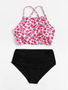 Romwe Watermelon Print Ruched Bikini Set