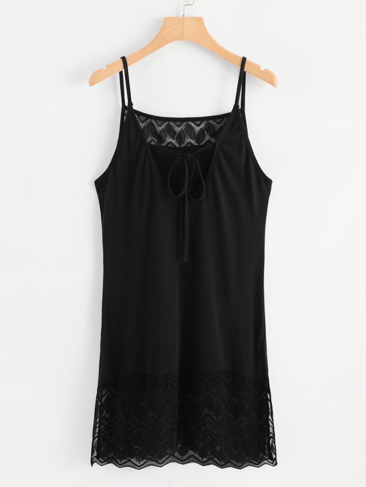 Romwe Lace Panel Tie Neck Cami Dress