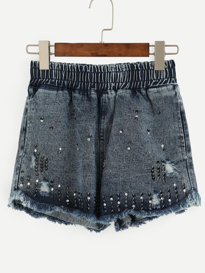 Romwe Elastic Waist Sequined Raw Hem Denim Shorts