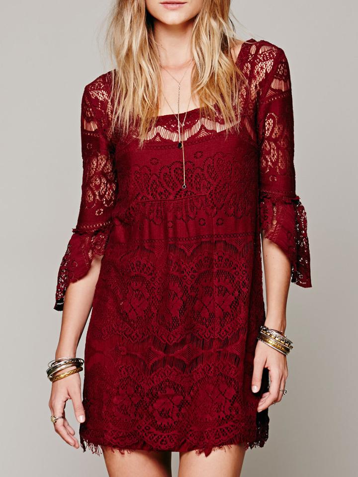 Romwe Square Neck Ruffle Eyelash Lace Wine Red Dress